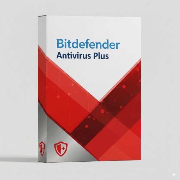 Bitdefender Antivirus Plus szoftver doboza piros és fehér designnal, biztonsági pajzs logóval.