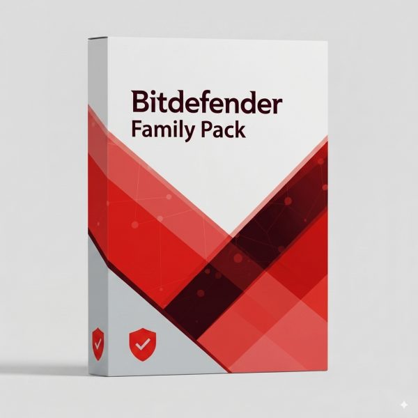 Bitdefender Family Pack szoftvercsomag doboza piros és fehér dizájnnal, védelmi jelkép logóval.