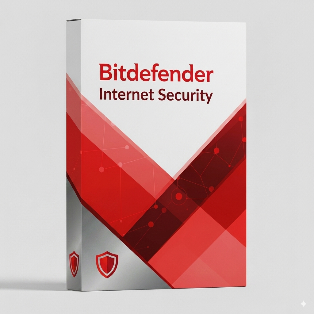 bitdef-internet-security-sd Bitdefender Internet Security szoftver doboza piros és fehér dizájnnal, biztonsági pajzs ikonnal.