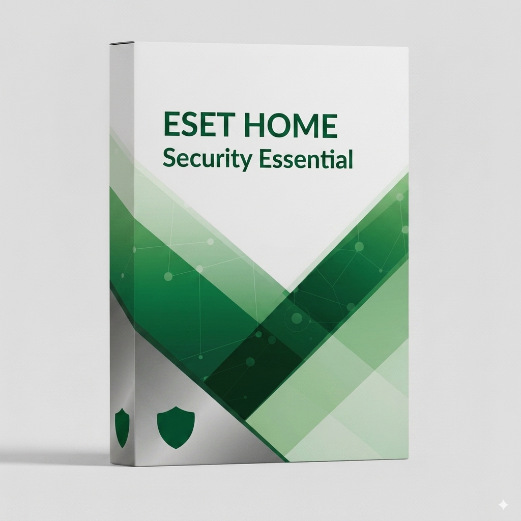 ESET HOME Security Essential ESET HOME Security Essential szoftver doboza zöld és fehér dizájnnal, biztonsági pajzs ikonokkal.