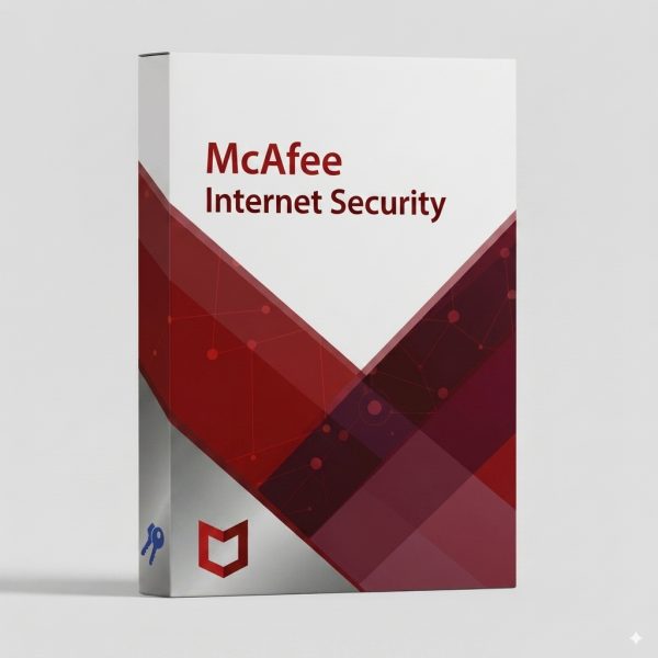 McAfee Internet Security szoftver doboza piros és fehér dizájnmal, biztonsági logóval.