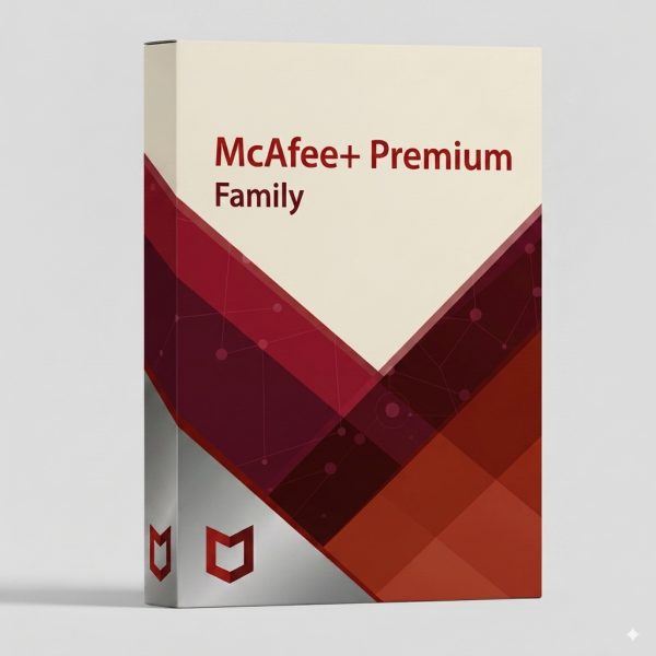 McAfee+ Premium Family szoftver csomag doboza piros és szürke színekkel, modern geometrikus mintázattal.