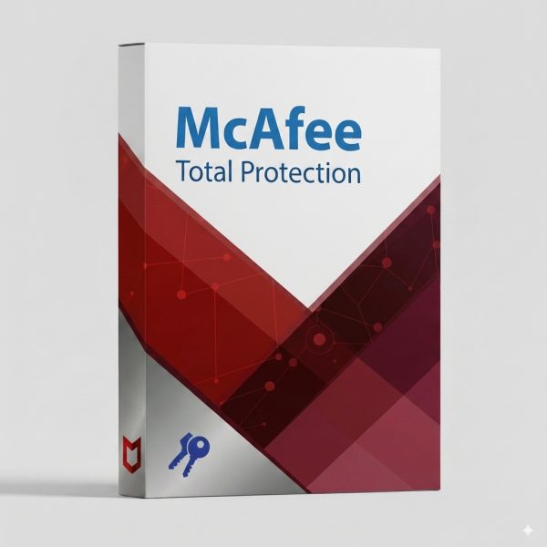 McAfee Total Protection szoftver doboza fehér és vörös dizájnmal, biztonsági kulcs ikonnal.