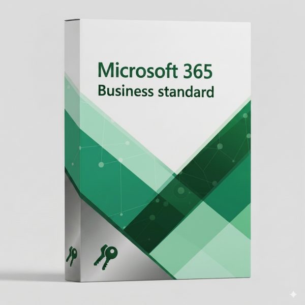 Microsoft 365 Business Standard szoftver csomag doboza zöld és fehér design elemekkel.