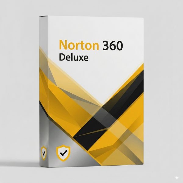Norton 360 Deluxe antivírus szoftver doboza sárga és fekete dizájnnal.