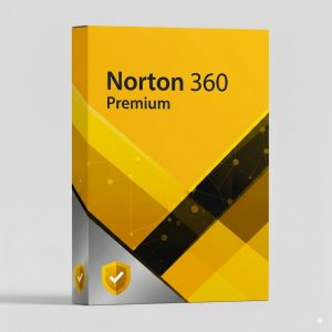 Norton 360 Premium antivírus szoftver doboza sárga és fekete színű modern designnal.