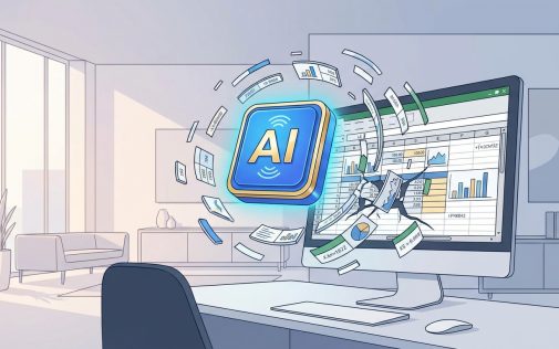 AI-technológiát szimbolizáló ikon egy számítógép képernyőjén, körülötte adatelemzési grafikonok és dokumentumok.