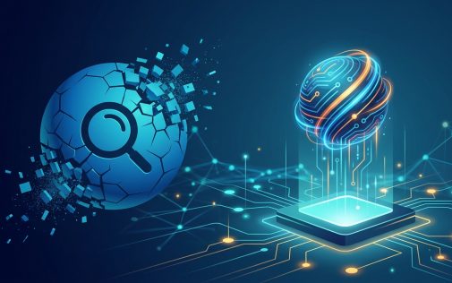 Mesterséges intelligencia és keresési technológia vizualizációja, kék neon megvilágítással és digitális hálózati elemekkel.