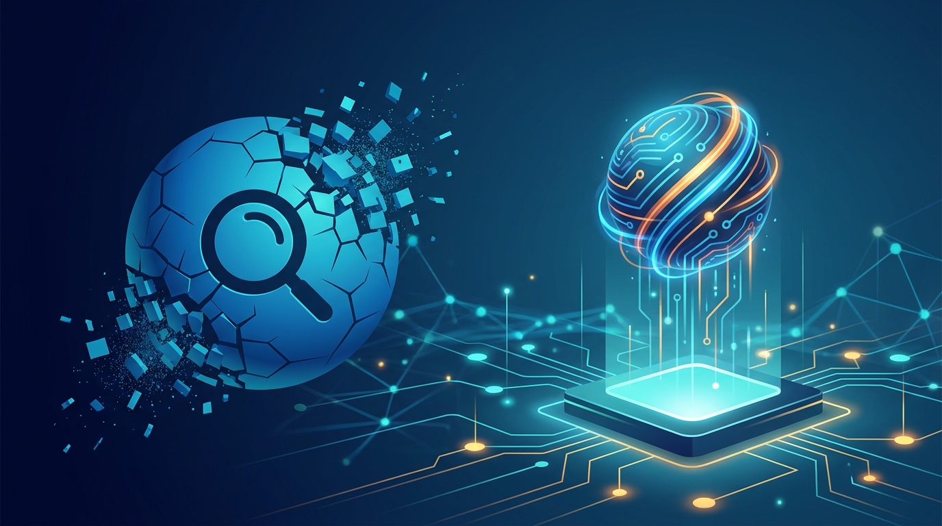 Mesterséges intelligencia és keresési technológia vizualizációja, kék neon megvilágítással és digitális hálózati elemekkel.