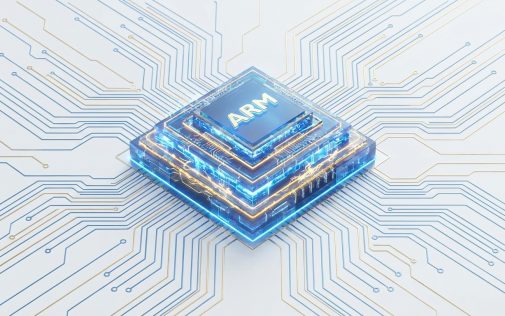 ARM processzor vizualizációja kék és arany megvilágítással, körülötte nyomtatott áramköri sémával.