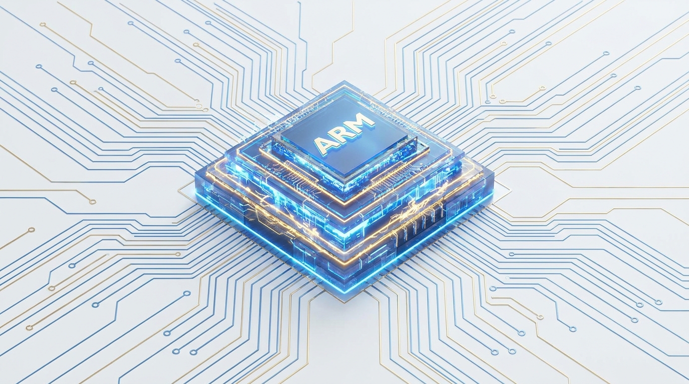 ARM processzor vizualizációja kék és arany megvilágítással, körülötte nyomtatott áramköri sémával.