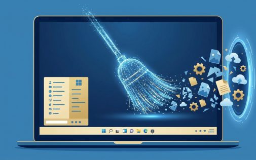 Windows számítógép tisztítása és optimalizálása digitális brosúrával és felhő szinkronizációs ikonokkal.