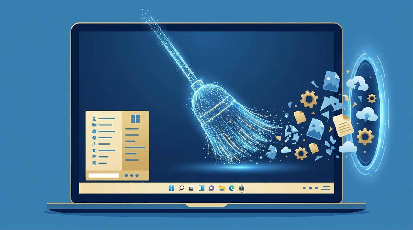 Windows számítógép tisztítása és optimalizálása digitális brosúrával és felhő szinkronizációs ikonokkal.