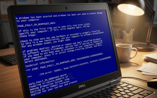 Dell laptop kék halálkép hibával az asztalon, fehér csésze és iratok mellett.
