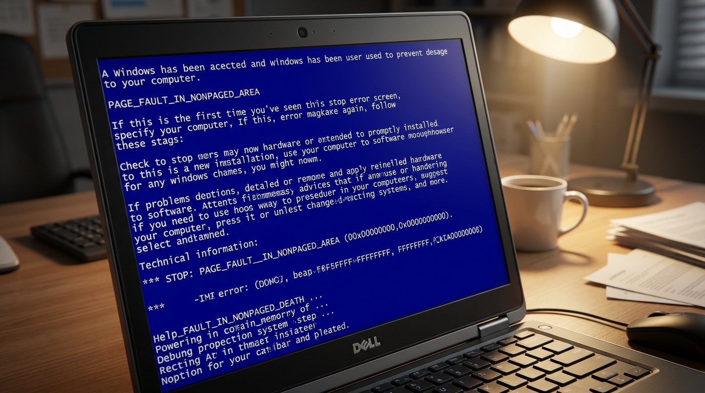 Dell laptop kék halálkép hibával az asztalon, fehér csésze és iratok mellett.