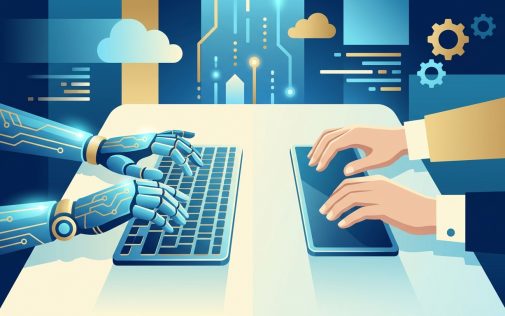 Mesterséges intelligencia és emberi együttműködés: robot és ember kezei billentyűzet és touchpad mellett egy technológiai kör