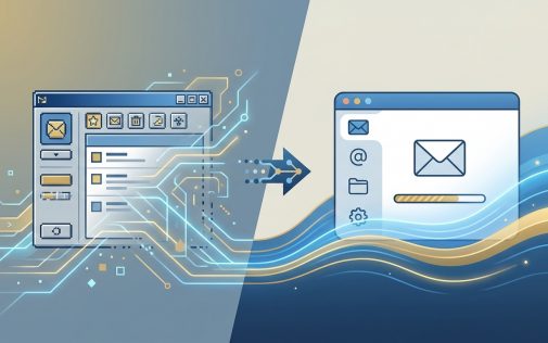 Email migráció és szinkronizáció folyamata két levelezőkliens között, adatátviteli nyilakkal.