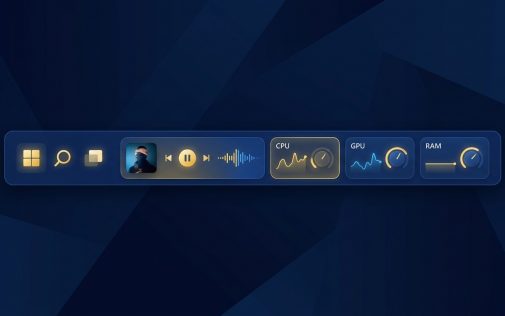 Asztali taskbar szoftvermonitoring widgetekkel: fájlkezelő, keresés, média lejátszó, CPU, GPU és RAM figyeléssel.