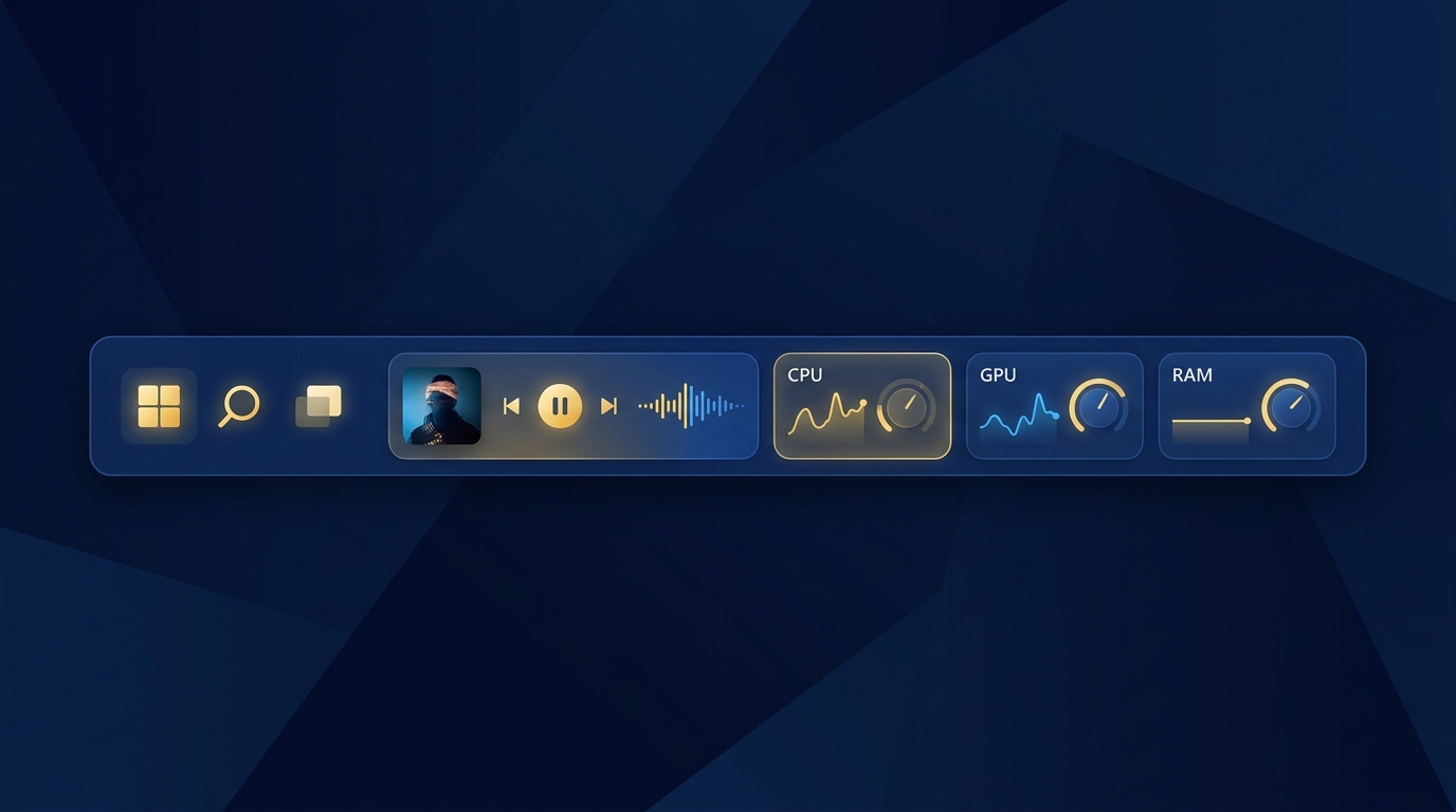 Asztali taskbar szoftvermonitoring widgetekkel: fájlkezelő, keresés, média lejátszó, CPU, GPU és RAM figyeléssel.