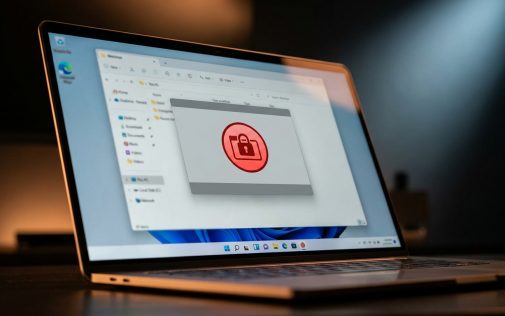 Laptop képernyőjén egy piros zárlas táska ikon jelenik meg, amely a szoftverlicenc biztonságos vásárlását szimbolizálja.