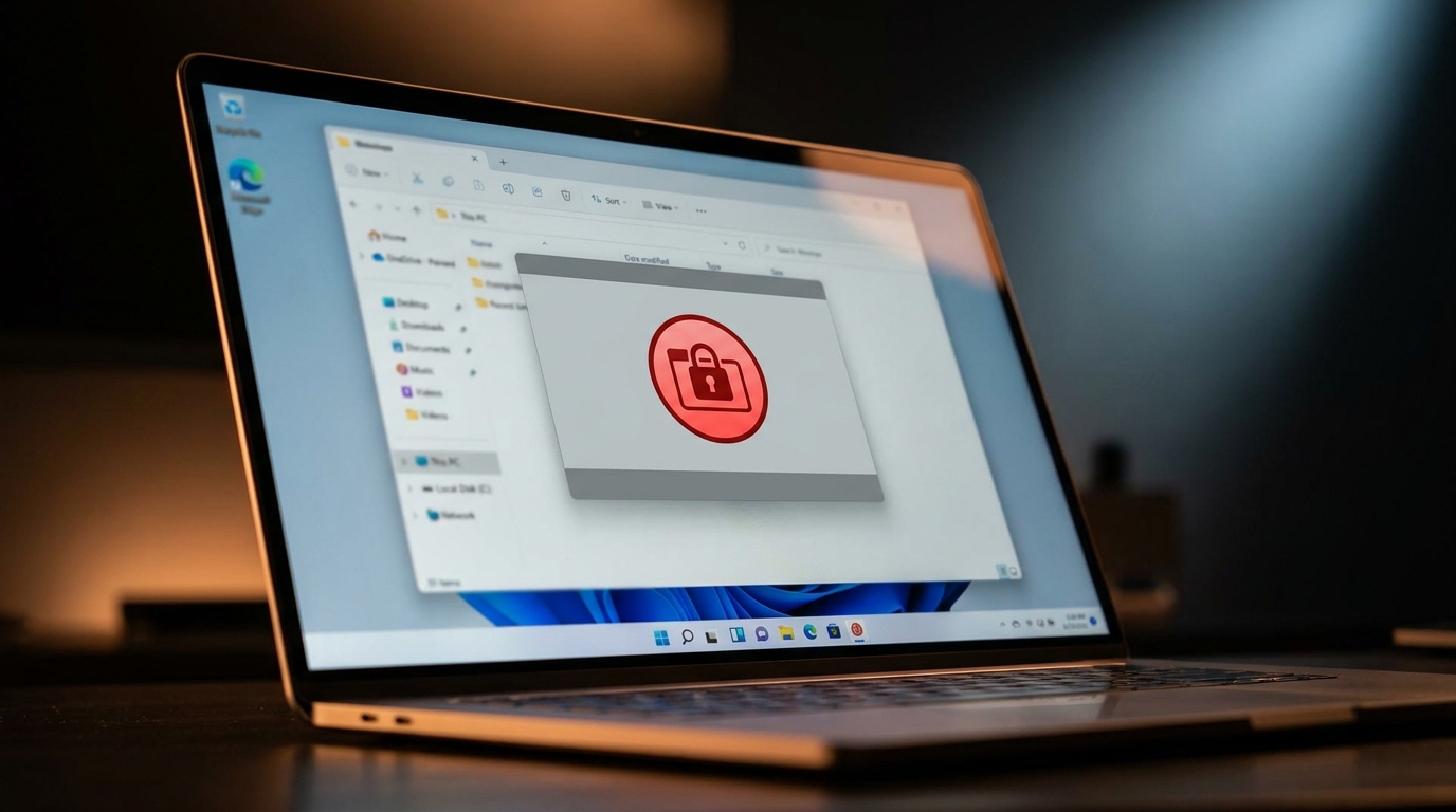 Laptop képernyőjén egy piros zárlas táska ikon jelenik meg, amely a szoftverlicenc biztonságos vásárlását szimbolizálja.