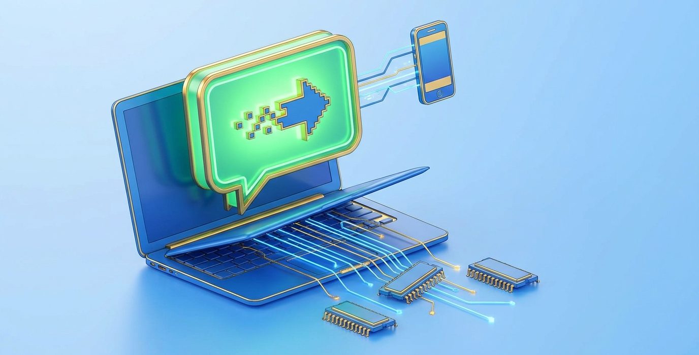 Laptop és okostelefon pixelated nyíl ikonnal, mikrochipekkel és világító adatátviteli vonalakkal, szoftver-integráció témája.
