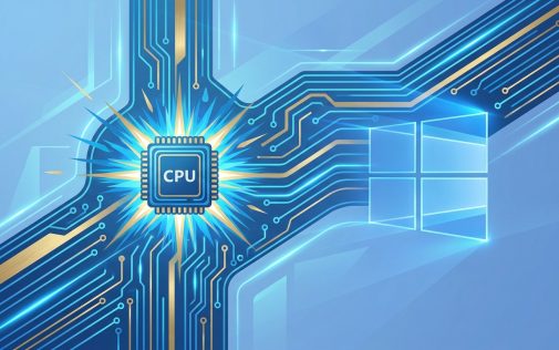 Világító CPU chip körül futó kék és arany áramköri pályák a Windows logóval a háttérben.