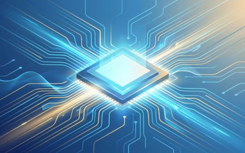 Világító processzor chip körül folyó digitális áramkörök és fénysugarak kék-arany színekben.