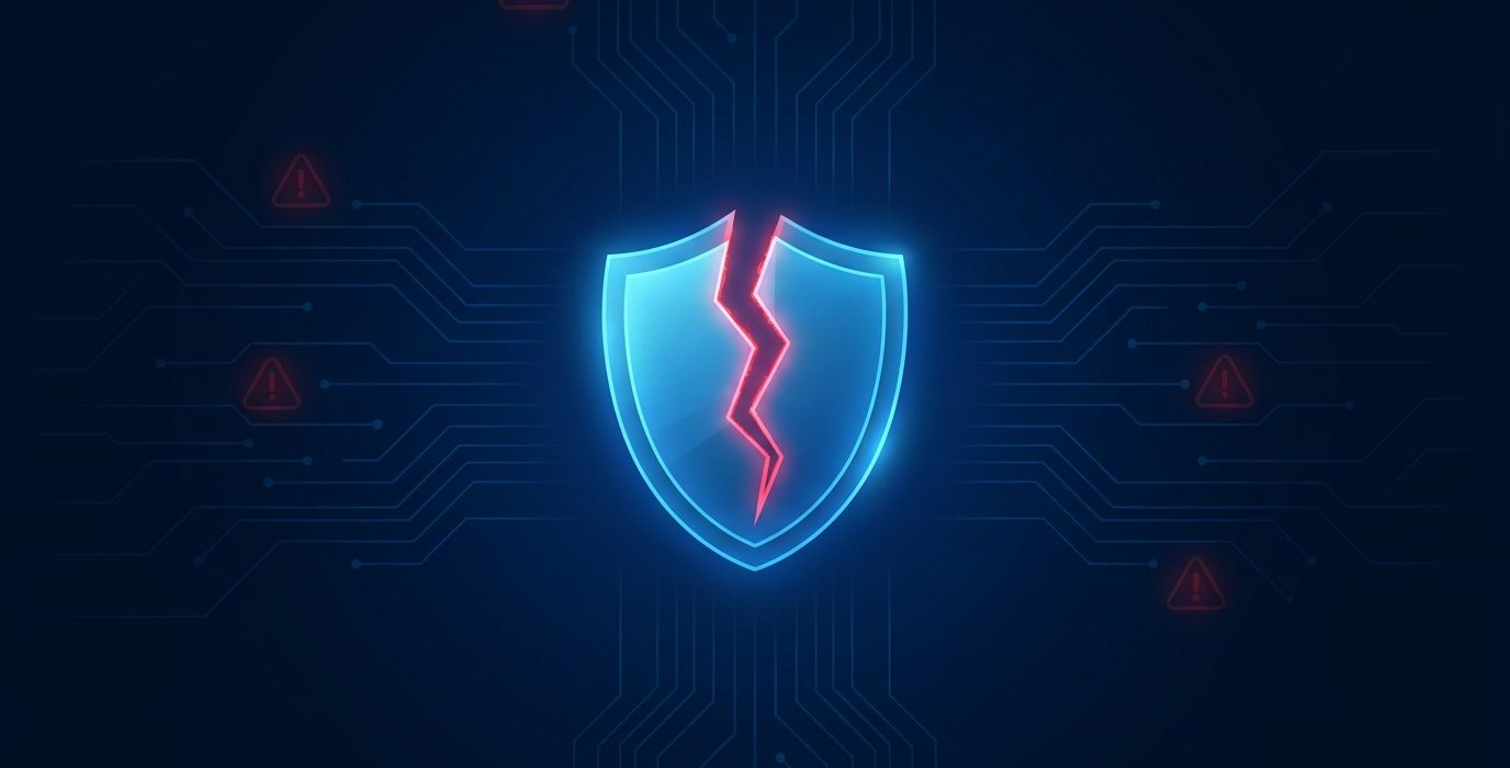 Kék pajzs piros villámal, amely a biztonsági sérülést szimbolizálja egy digitális háttéren.