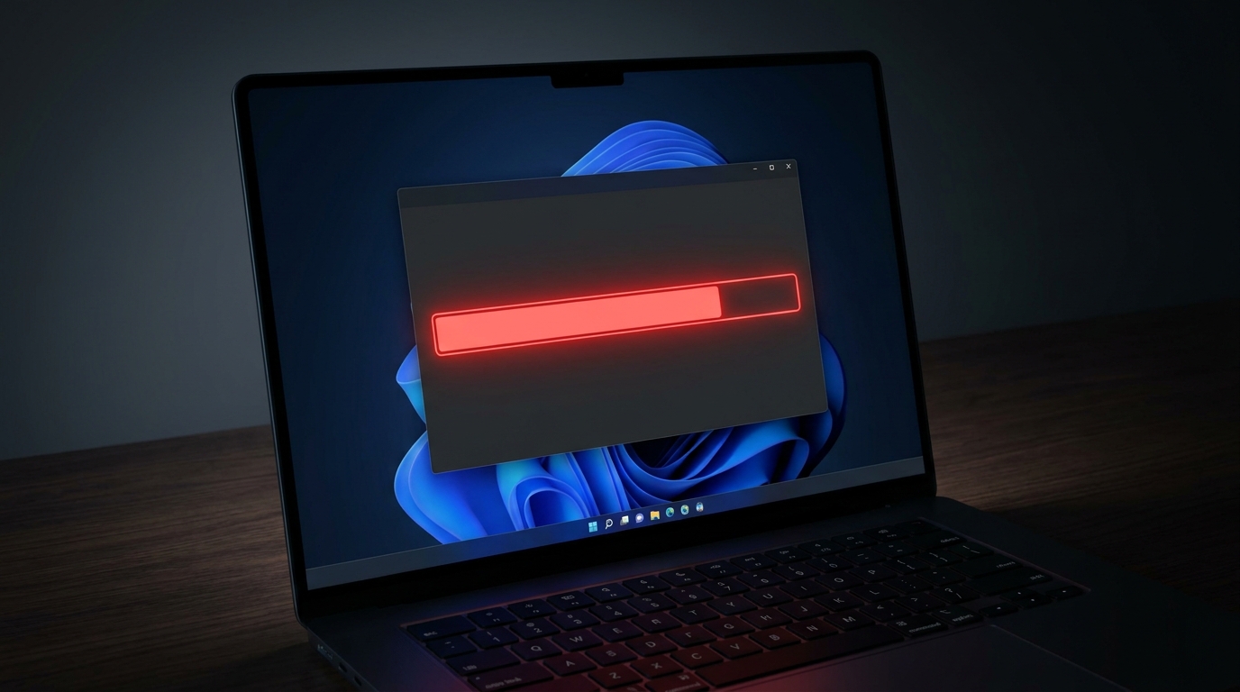 Laptop kijelzőjén piros figyelmeztető sáv egy hiba vagy figyelmeztetés szimbóluma jelenik meg.