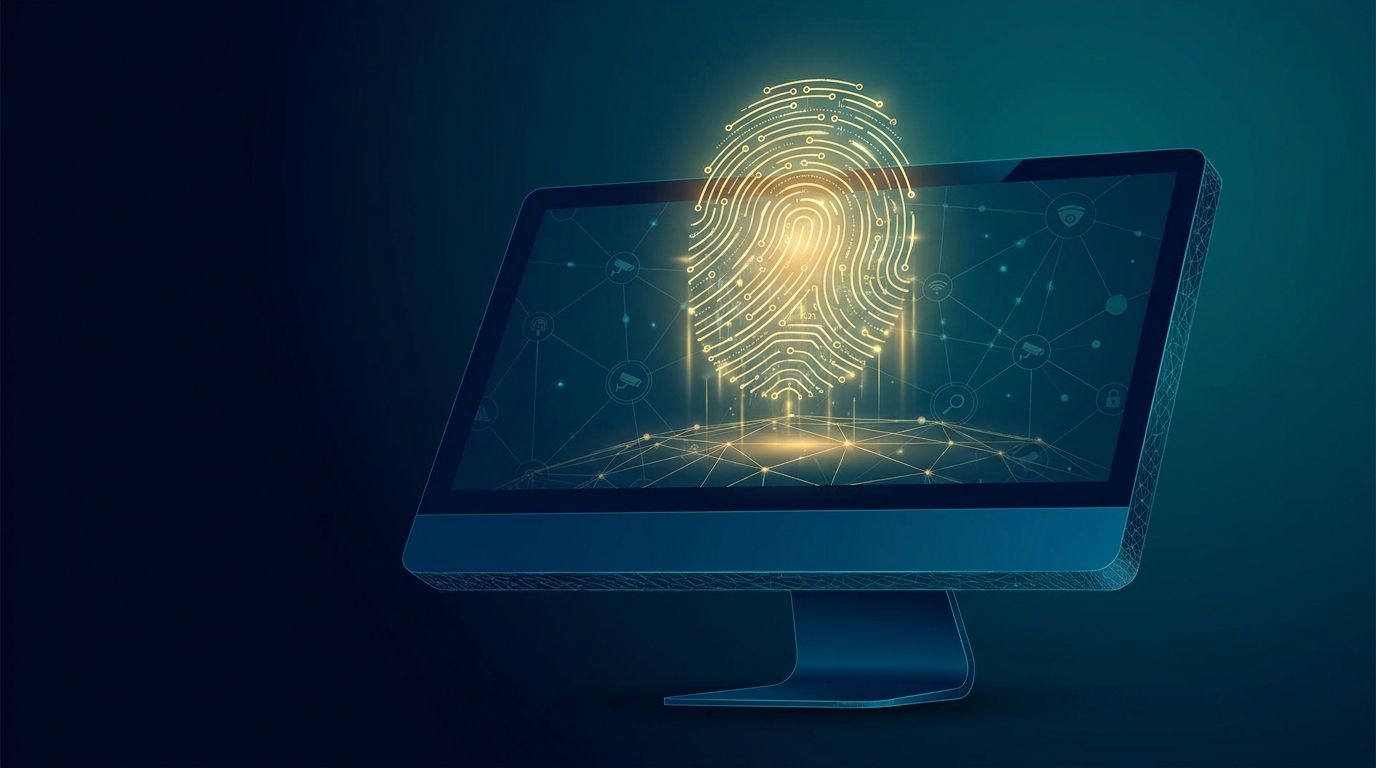 Digitális biometrikus azonosítás megjelenítése egy monitoron, aranyszínű ujjlenyomat-mintázattal és hálózati kapcsolatokkal.