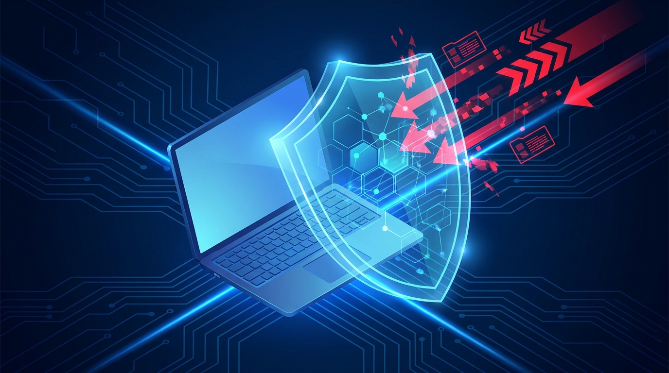 Laptop védelmének illusztrációja kék pajzzsal és piros támadás szimbólumokkal, cybersecurity koncepció.