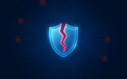 Kék pajzs piros villámal, amely a biztonsági sérülést szimbolizálja egy digitális háttéren.