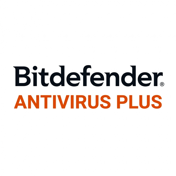 Bitdefender Antivirus Plus logó fekete és narancssárga színekben, szoftver licenc terméket jelölő ikon.