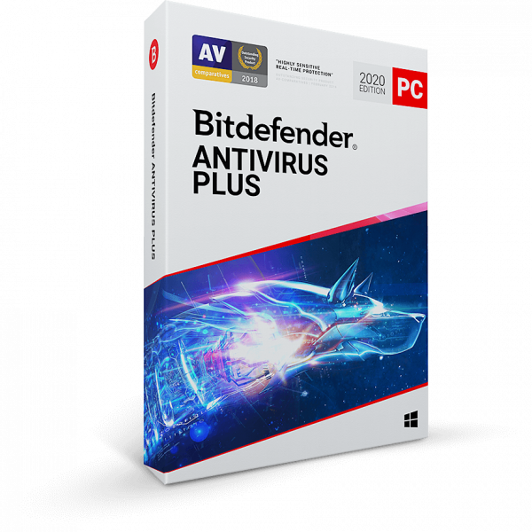 Bitdefender Antivirus Plus 2020 PC verzió doboza, AV Comparatives díjjal kitüntetve.