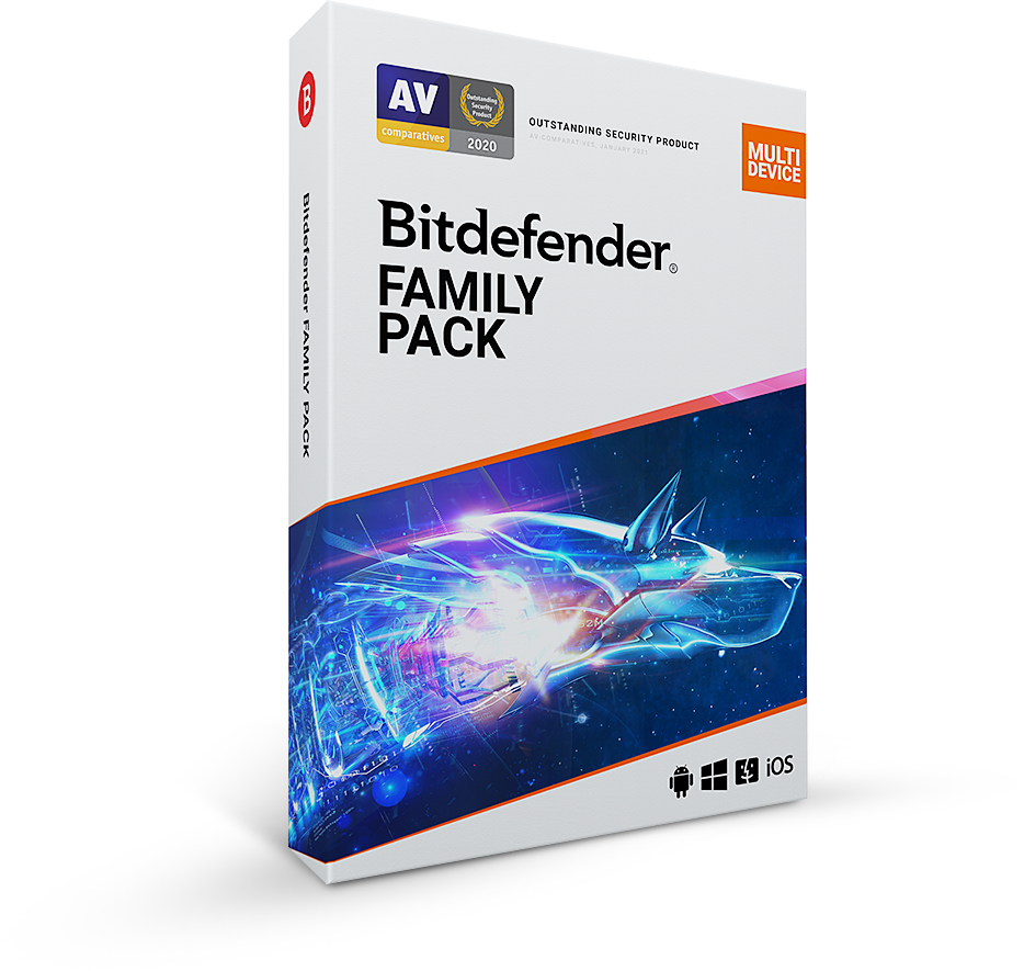 Bitdefender Family Pack Bitdefender Family Pack antivírus szoftver doboza, több eszközre és operációs rendszerre támogatott