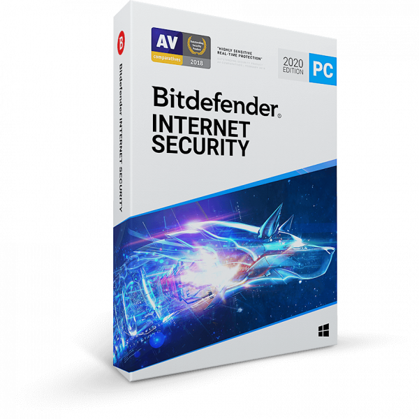 Bitdefender Internet Security 2020 PC verzió szoftver doboza, az AV-Comparatives 2018 certifikációval.