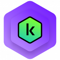 Kék és lila gradiens hexagon ikon zöld középponttal és fekete K betűvel
