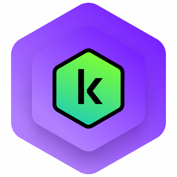 Kék és lila gradiens hexagon ikon zöld középponttal és fekete K betűvel