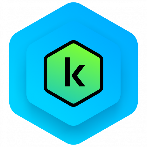 Klíč szoftver logó - zöld hexagon fehér K betűvel kék háttéren