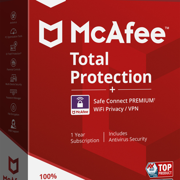 McAfee Total Protection 10 eszközhöz, 1 éves előfizetés Safe Connect VPN-nel és vírusirtással.