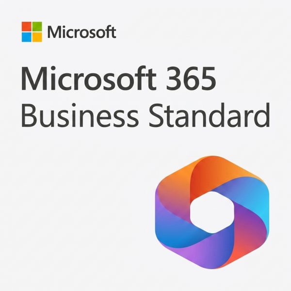 Microsoft 365 Business Standard logó és terméknév szürke háttéren, színes grafikai elemekkel.
