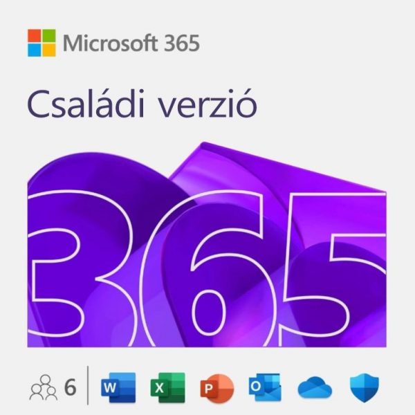 Microsoft 365 Családi verzió csomag logója az alkalmazásokkal és 6 felhasználóval