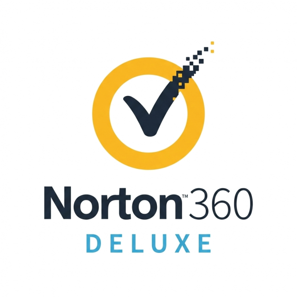 Norton 360 Deluxe biztonsági szoftver logója sárga körrel és kék pipával.