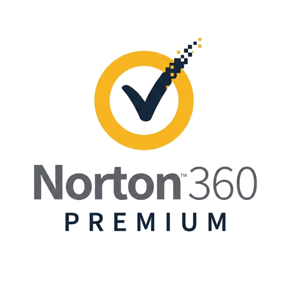 Norton 360 Premium antivírus szoftver logója sárga körrel és kék pipával
