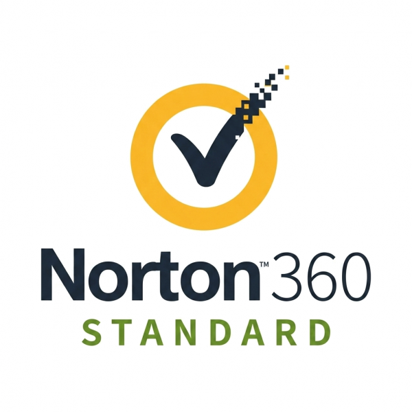 Norton 360 Standard antivírus szoftver logója sárga körrel és fekete pipával