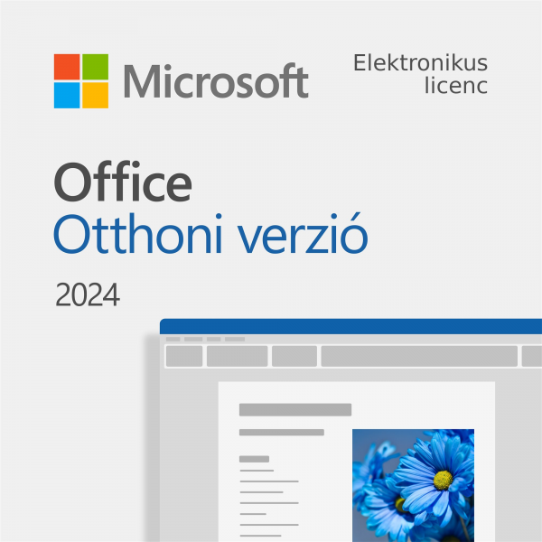 Microsoft Office 2024 Otthoni verzió elektronikus licenc borítója a Microsoft logóval és egy Office dokumentumot ábrázoló gra