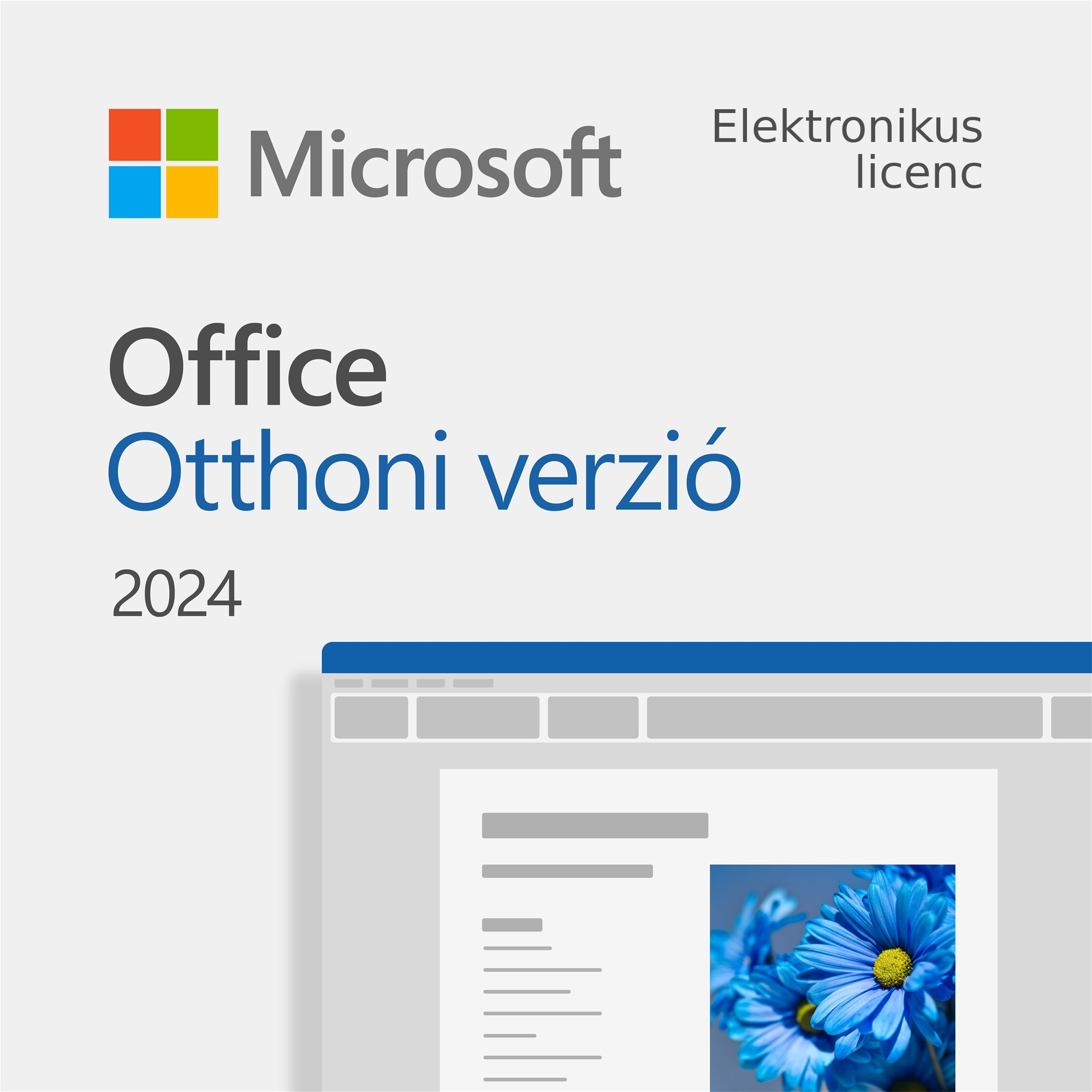 Microsoft Office 2024 Otthoni verzió Microsoft Office 2024 Otthoni verzió elektronikus licenc borítója a Microsoft logóval és egy Office dokumentumot ábrázoló gra