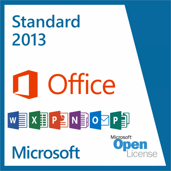 Microsoft Office 2013 Standard szoftver csomag logója és ikonjai az Open License licenckerettel.
