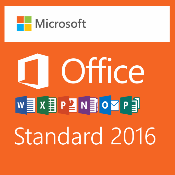 Microsoft Office Standard 2016 termékcsalád logója és ikonjai narancssárga háttéren.